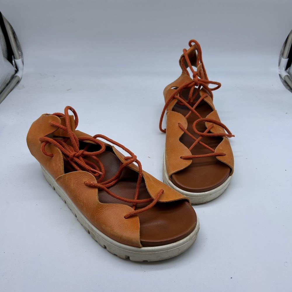 Pilcro Orange Leather Lace Up Platform Sandals Scalloped Open Toe Spain Size 38